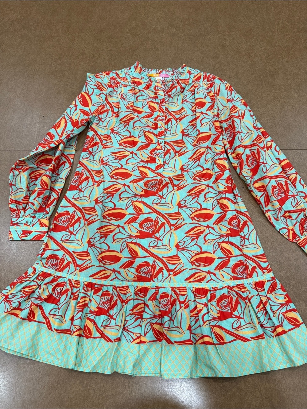 Briton Court • Long-Sleeve Floral Ruffle Dress in Aqua & Red • 100% Cotton • XS